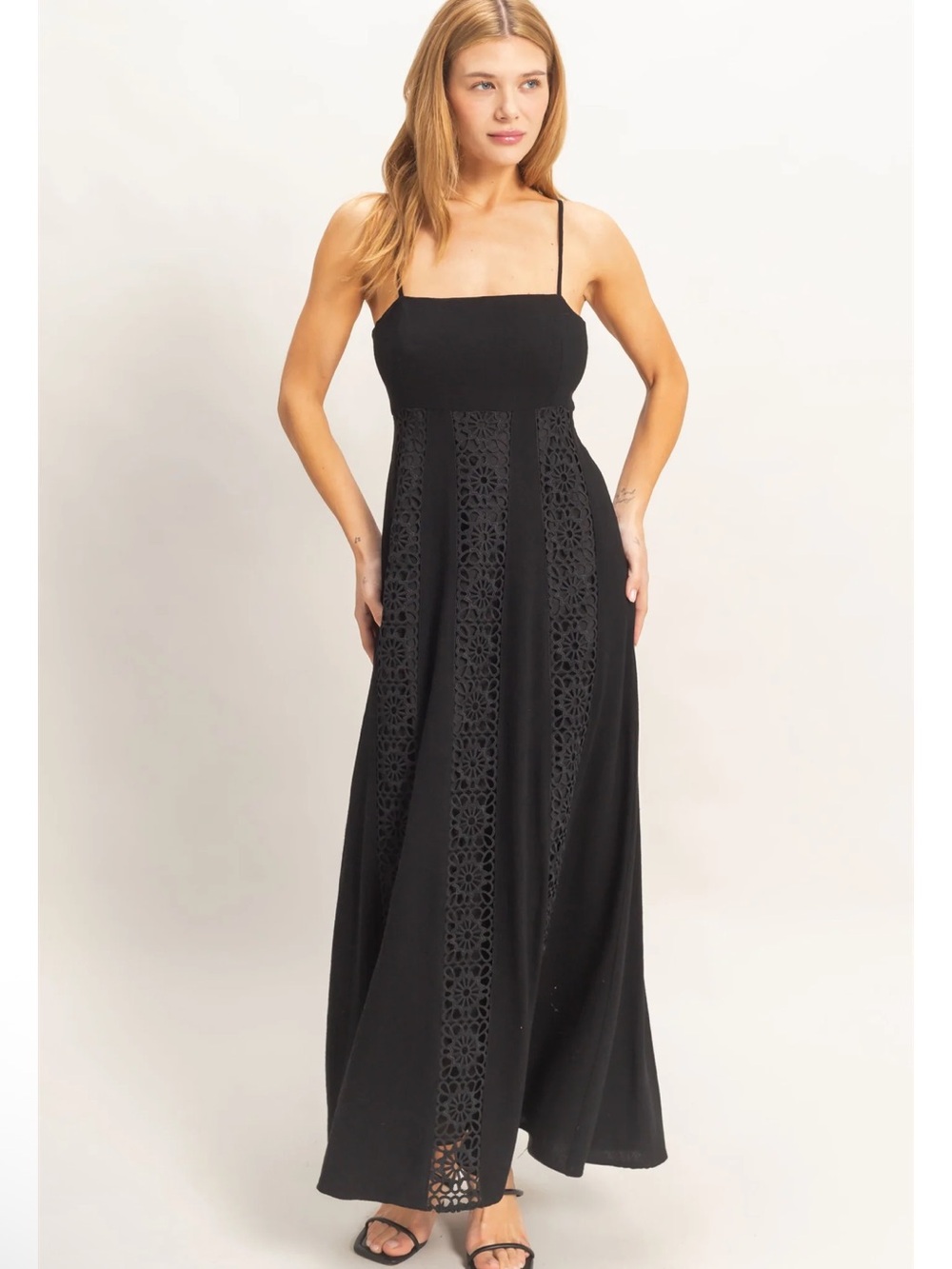 NEW HYFVE Black Linen Blend Lace Panel Maxi Dress – Large